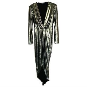 Express Gold Silver Metallic Asymmetrical Hem Wrap Maxi Dress